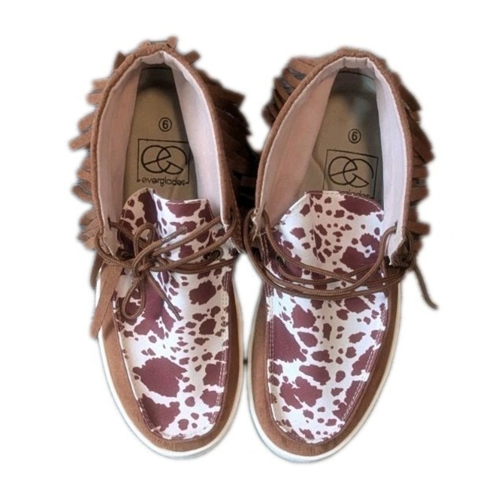 Womens 6 Moccasin Ankle Boot Cowhide‎ Print Hand Made Fringe Brown Indian Tribal